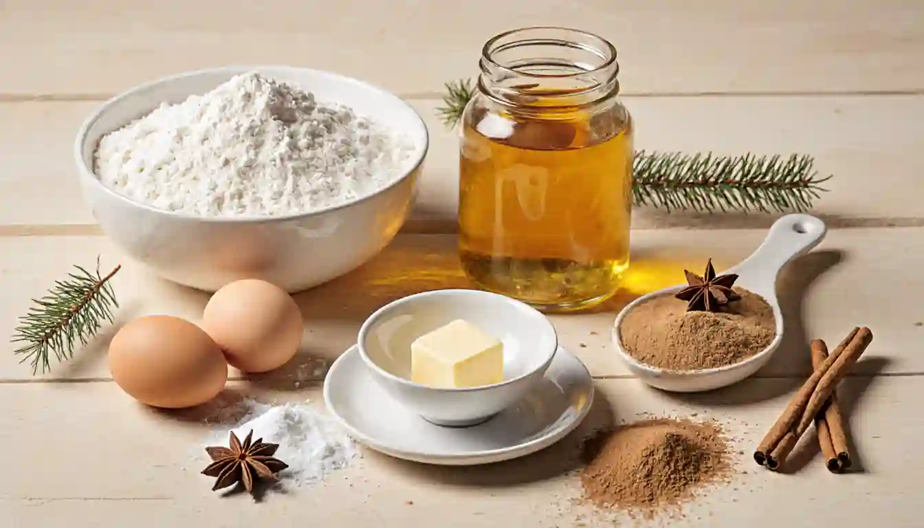 Ingredience na měkké vánoční perníčky – mouka, med, máslo, koření a vejce