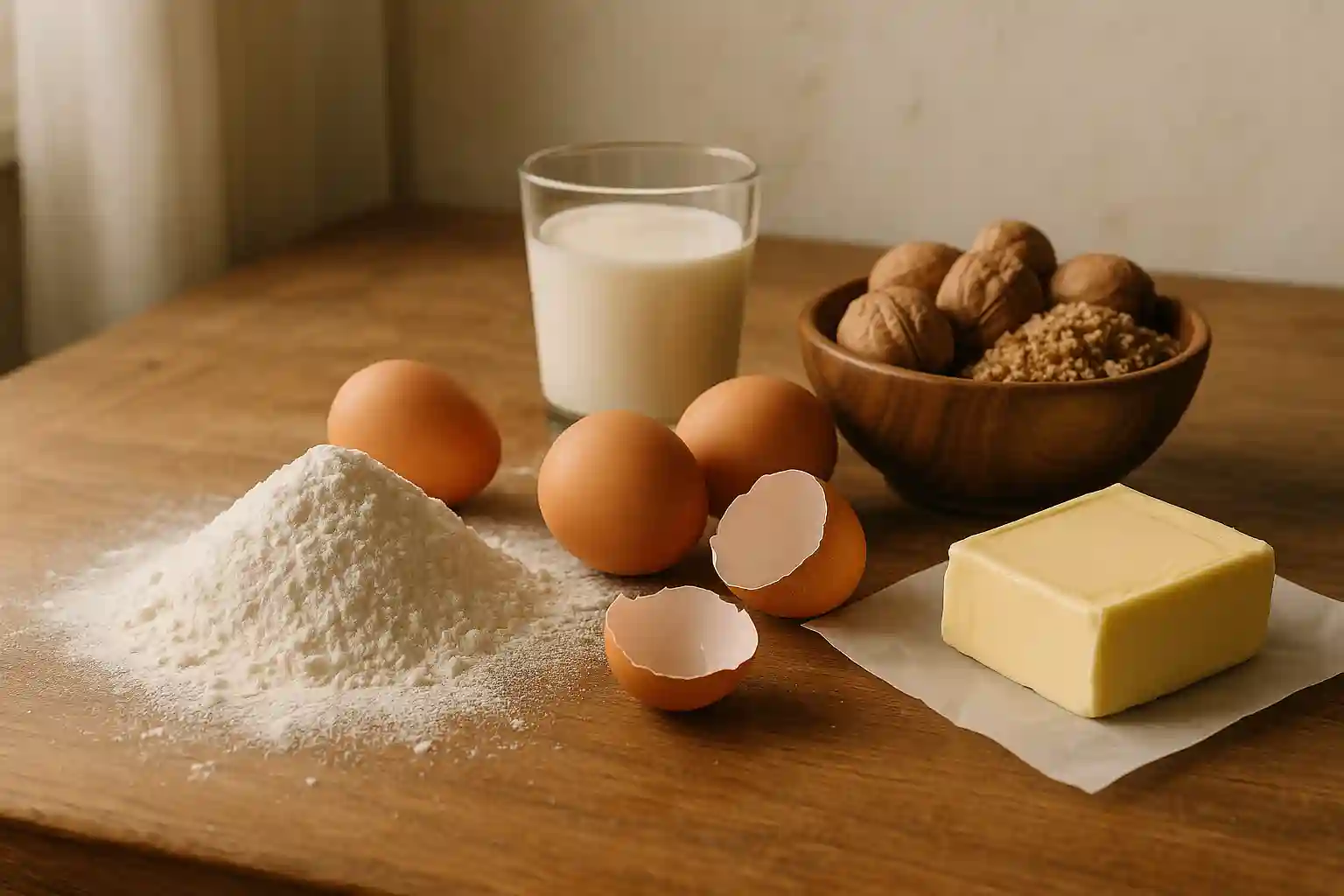 Ingredience na svatomartinské rohlíčky — hladká mouka, máslo, smetana, vejce a vlašské ořechy na dřevěném stole