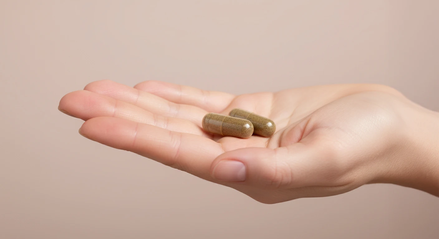 Dávkování doplňku Roveja Klidný Spánek – dvě kapsle na dlani v ženských rukou