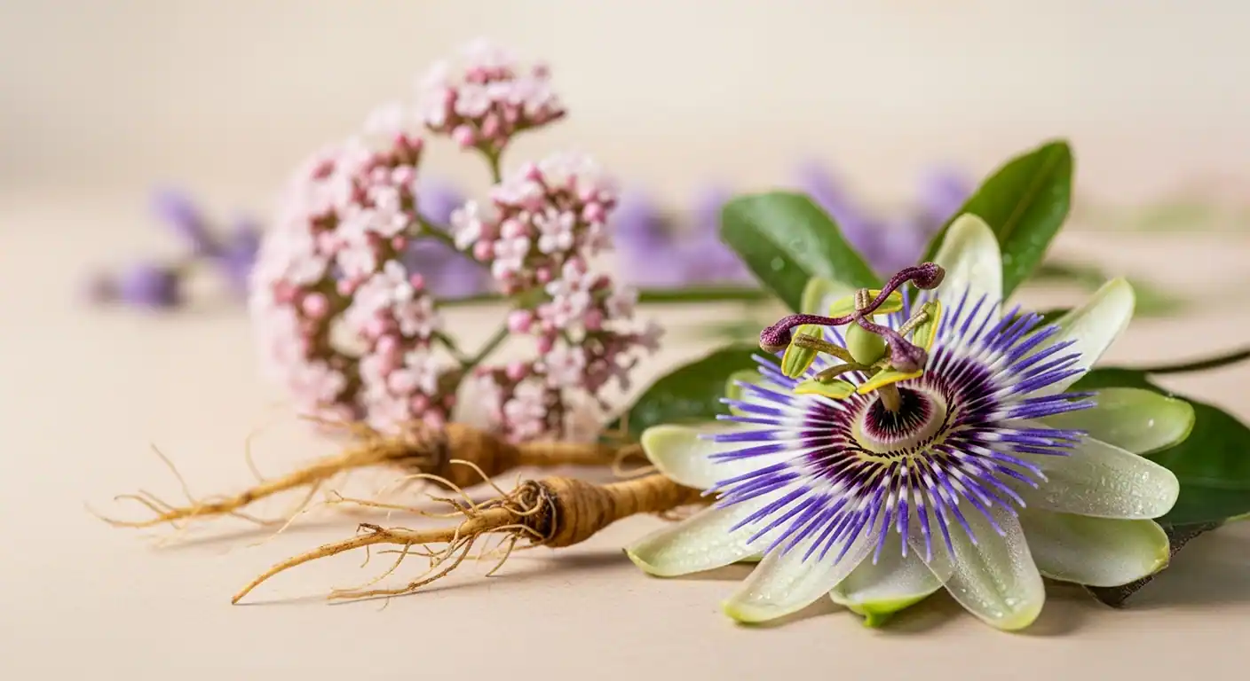Mučenka pletní a kozlík lékařský – přírodní byliny používané pro podporu klidného spánku, detailní ilustrační fotografie