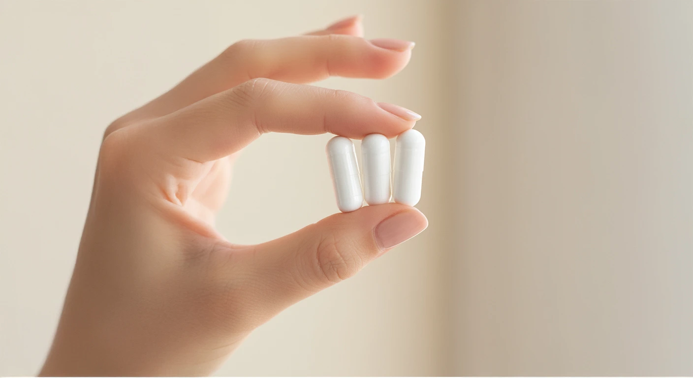 Dávkování doplňku Roveja Magnesium – tři kapsle směsi hořčíku podávané do ruky