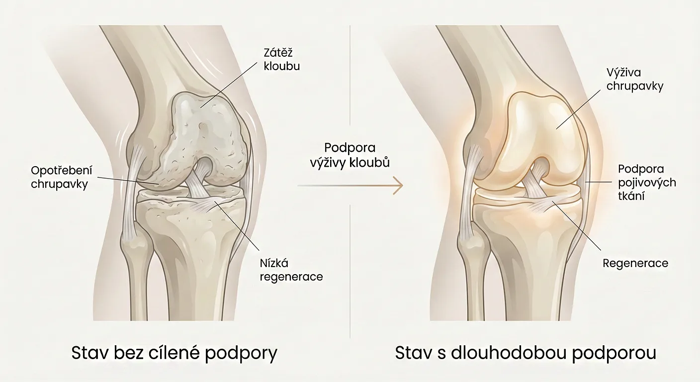 Edukativní schéma kolenního kloubu – srovnání stavu bez cílené podpory a stavu s dlouhodobou výživou chrupavky a pojivových tkání