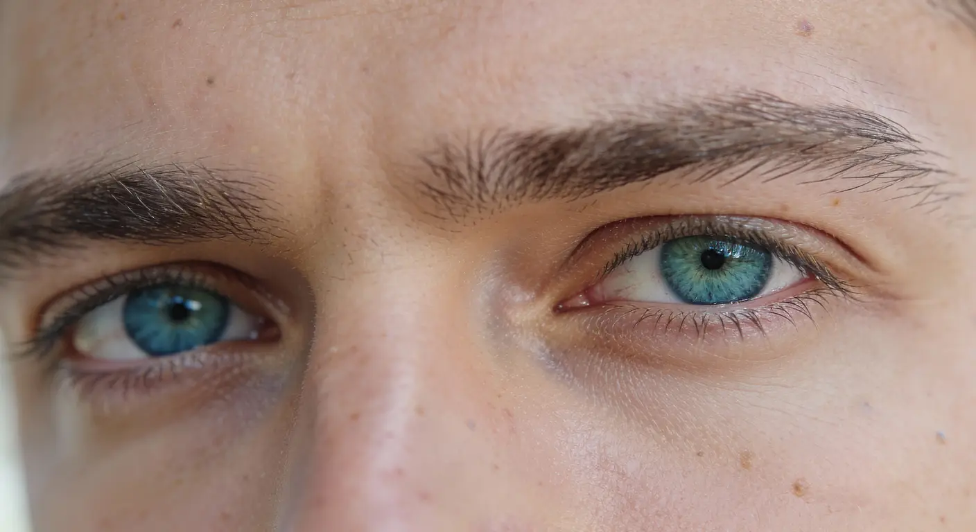 Detail mužských modrozelených očí – zrak a buněčná ochrana u dospělého muže