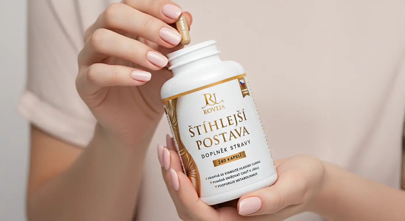 Žena držící doplněk stravy Roveja Štíhlejší postava a vytahující kapsli z balení – produktová fotografie pro podporu metabolismu a kontroly hmotnosti