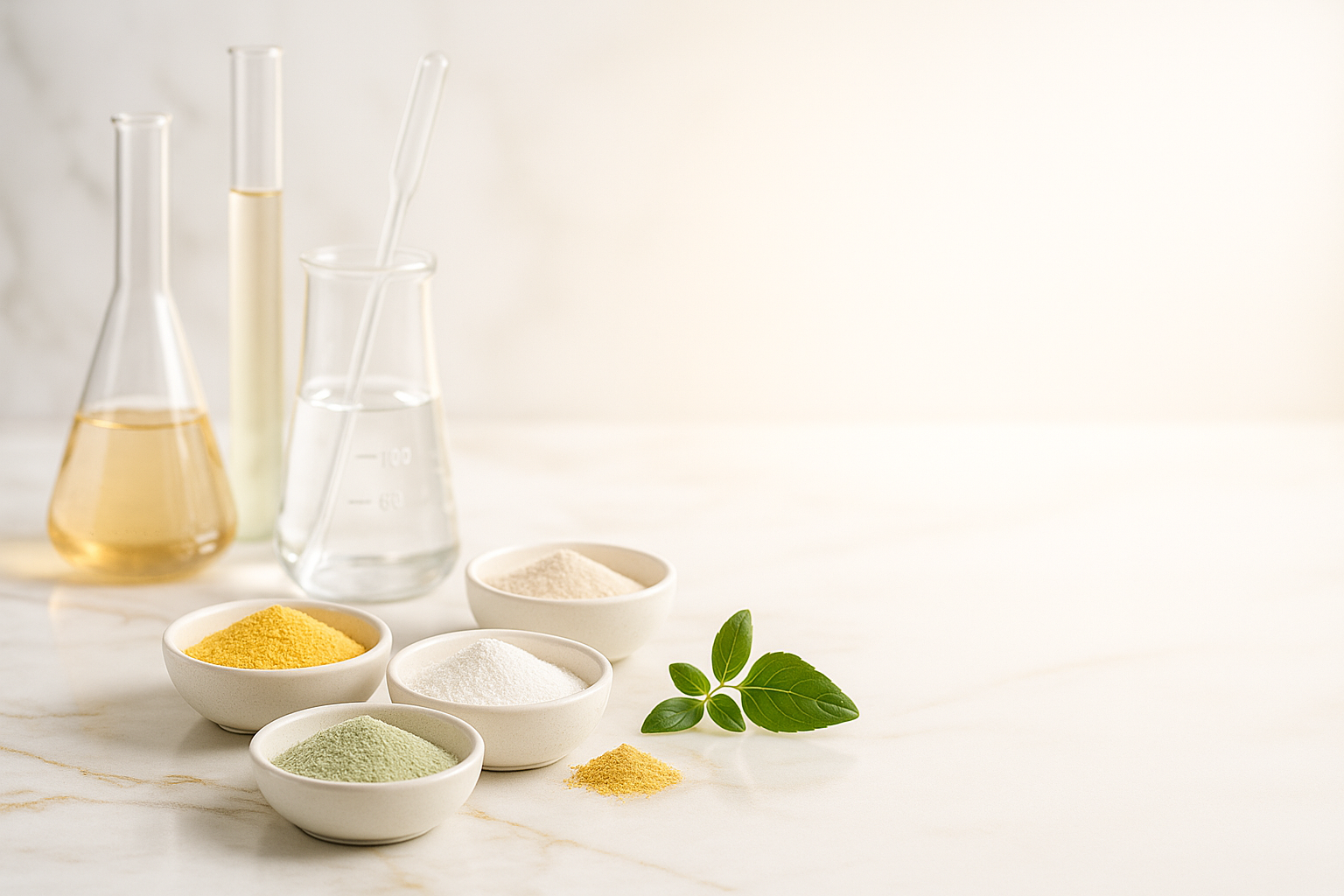 Vědecky ověřené složení doplňku Roveja Krásné Vlasy – přírodní extrakty a zkumavky v laboratorním zobrazení