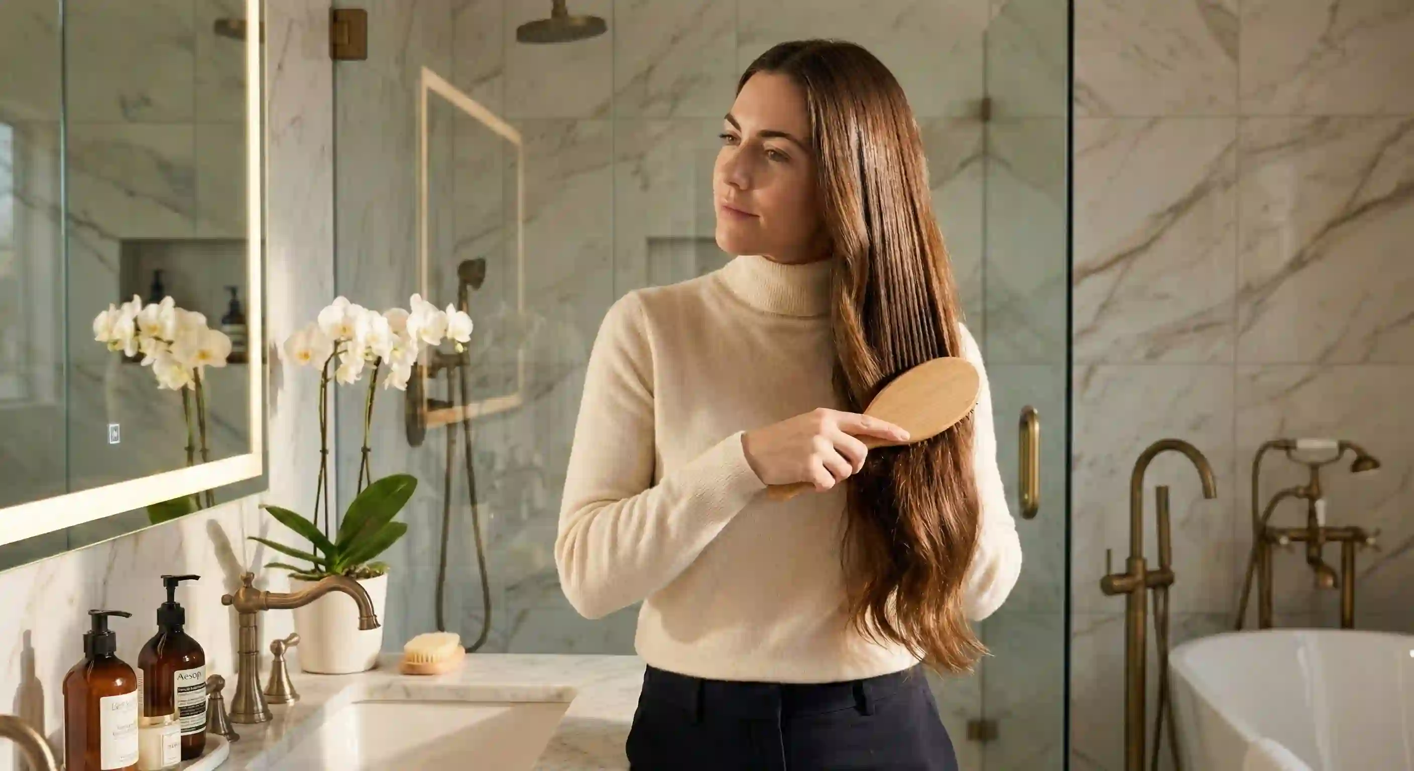 Žena s dlouhými zdravými vlasy, která si je jemně češe a pečuje o ně – symbol přirozené péče o vlasy, růstu a vitality